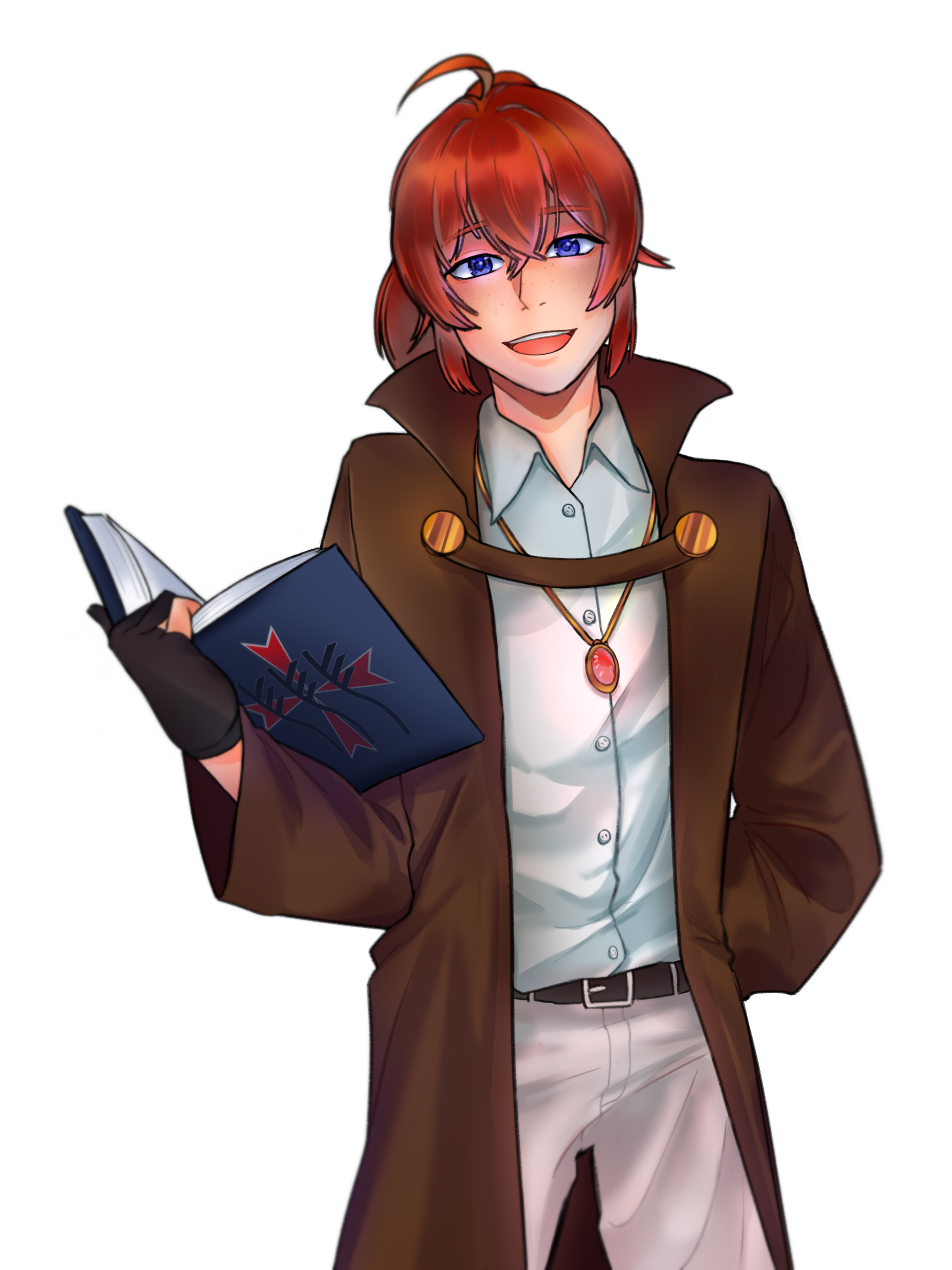 Mason Cren, a young man with red hair in a ponytail, blue eyes, and a clean-shaved face, looks at you with a warm smile. His left hand is loosely tucked behind his back, while his right hand holds an open book resting in his elbow pit. He's wearing a brown open coat, a casual light dress shirt/pants combo, and a red amulet with a golden trim on a golden necklace. (Click here to learn more about the masons.)
