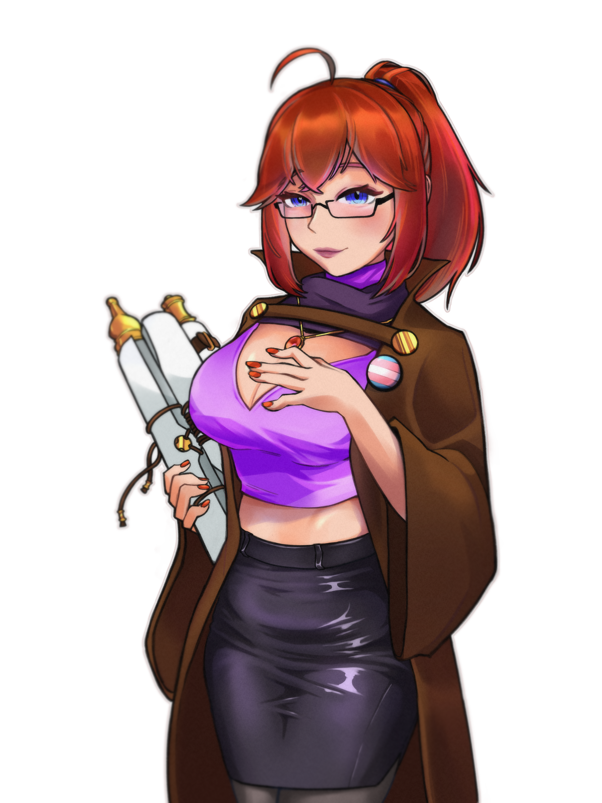 Mason Crystal is a young, voluptuous woman with her red hair in a high ponytail, black-framed glasses, and red-painted, perfectly manicured fingernails. Her soft makeup enhances her feminine features and blue eyes. She's wearing a brown open coat with a pin on it, showcasing the trans flag, and a very low-cut purple V-neck crop top, as well as a shiny black, short pencil skirt and black sheer pantyhose. She's holding a stack of scrolls in her left arm; her right hand is resting softly on her chest, as if adjusting the golden-framed red pendant she is wearing on a golden necklace. She's smiling softly. (Click here to learn more about the masons.)