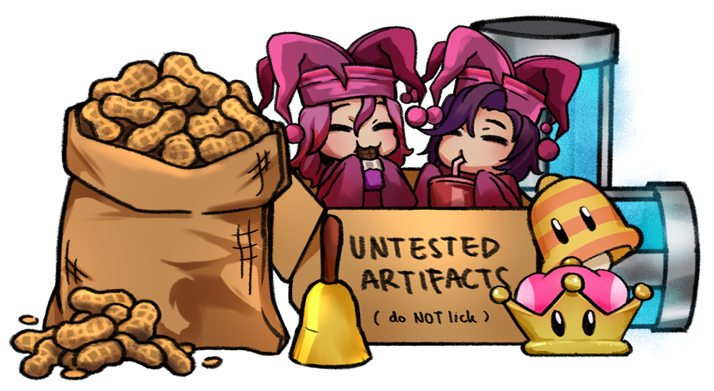 A stack of miscellaneous items like a sack of peanuts, a golden bell, and a box of "untested artifacts" with 2 live jester puppets in it, drinking tea and eating snacks, as well as a bell and crown reminiscent of a game involving an Italian plumber, as well as two cylinders full of angel tear extract. (Click here to open the merch site in a new tab.)